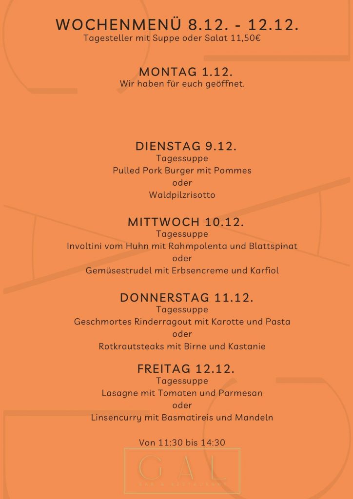 Restaurant Seiersberg Wochenmenü 8.12. bis 12.12.